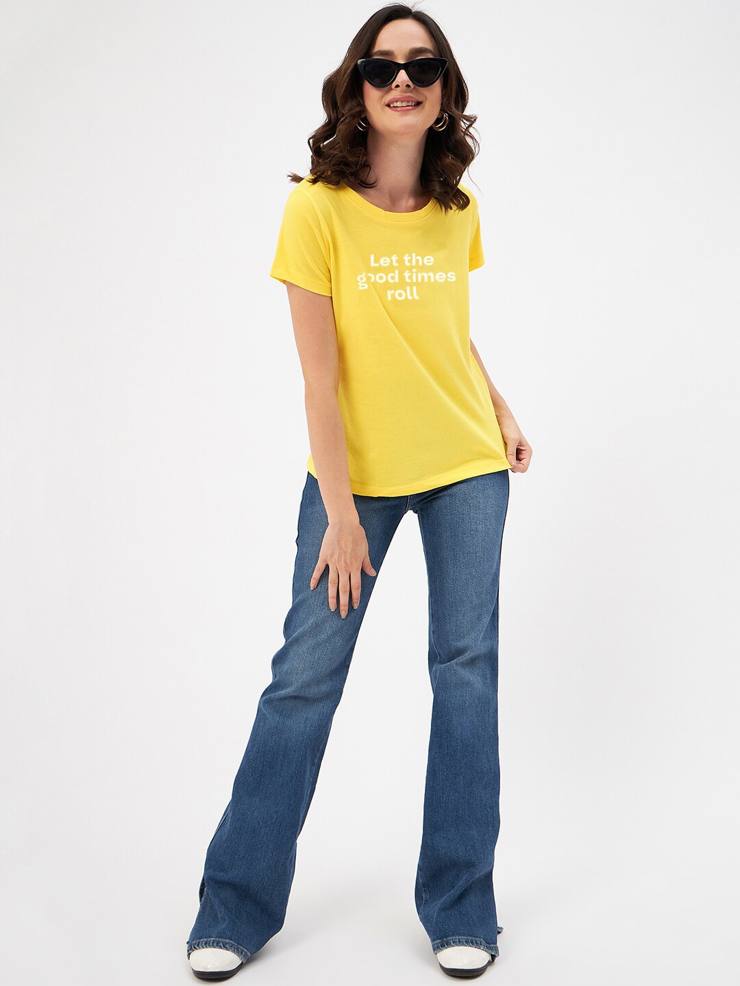 

Mast & Harbour Yellow & White Typography Printed Pure Cotton T-shirt