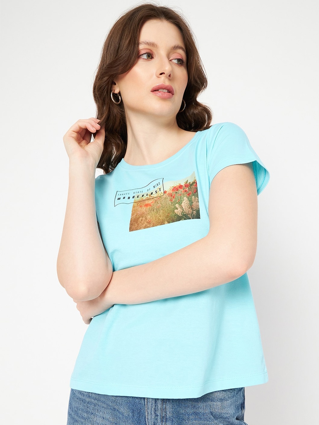 Mast & Harbour Blue & Green Typography Printed Pure Cotton T-shirt