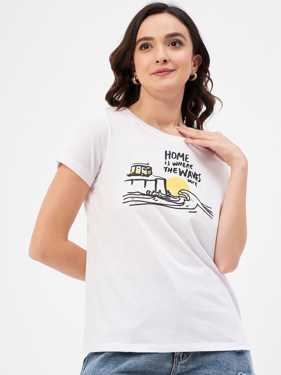 

Mast & Harbour White & Black Graphic Printed Pure Cotton T-shirt