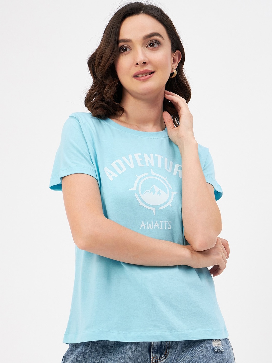 Mast & Harbour Blue & White Typography Printed Pure Cotton T-shirt