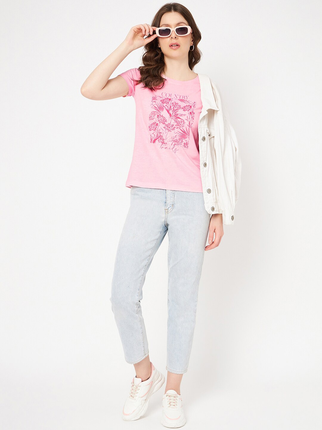 

Mast & Harbour Pink Floral Printed Pure Cotton T-shirt
