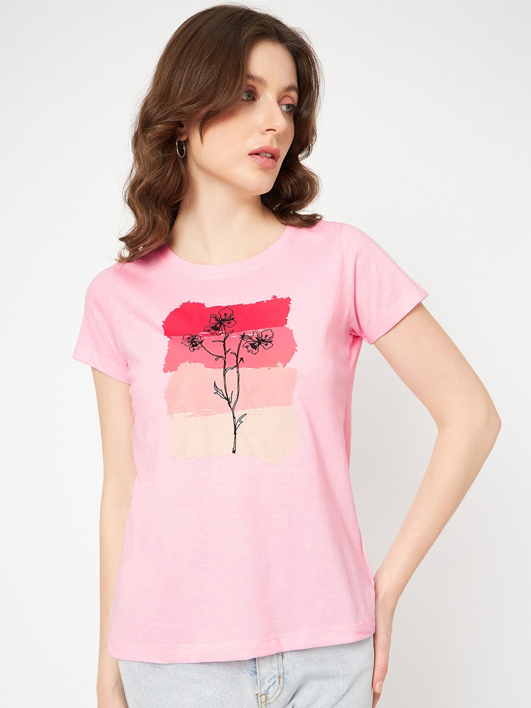 

Mast & Harbour Pink & Black Floral Printed Pure Cotton T-shirt
