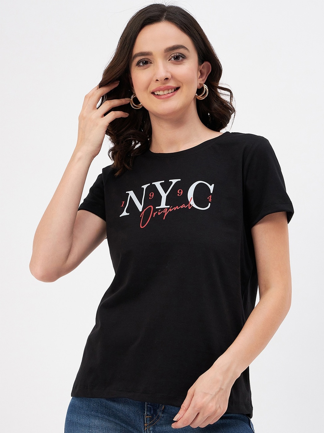 

Mast & Harbour Black & WHite Typography Printed Pure Cotton T-shirt