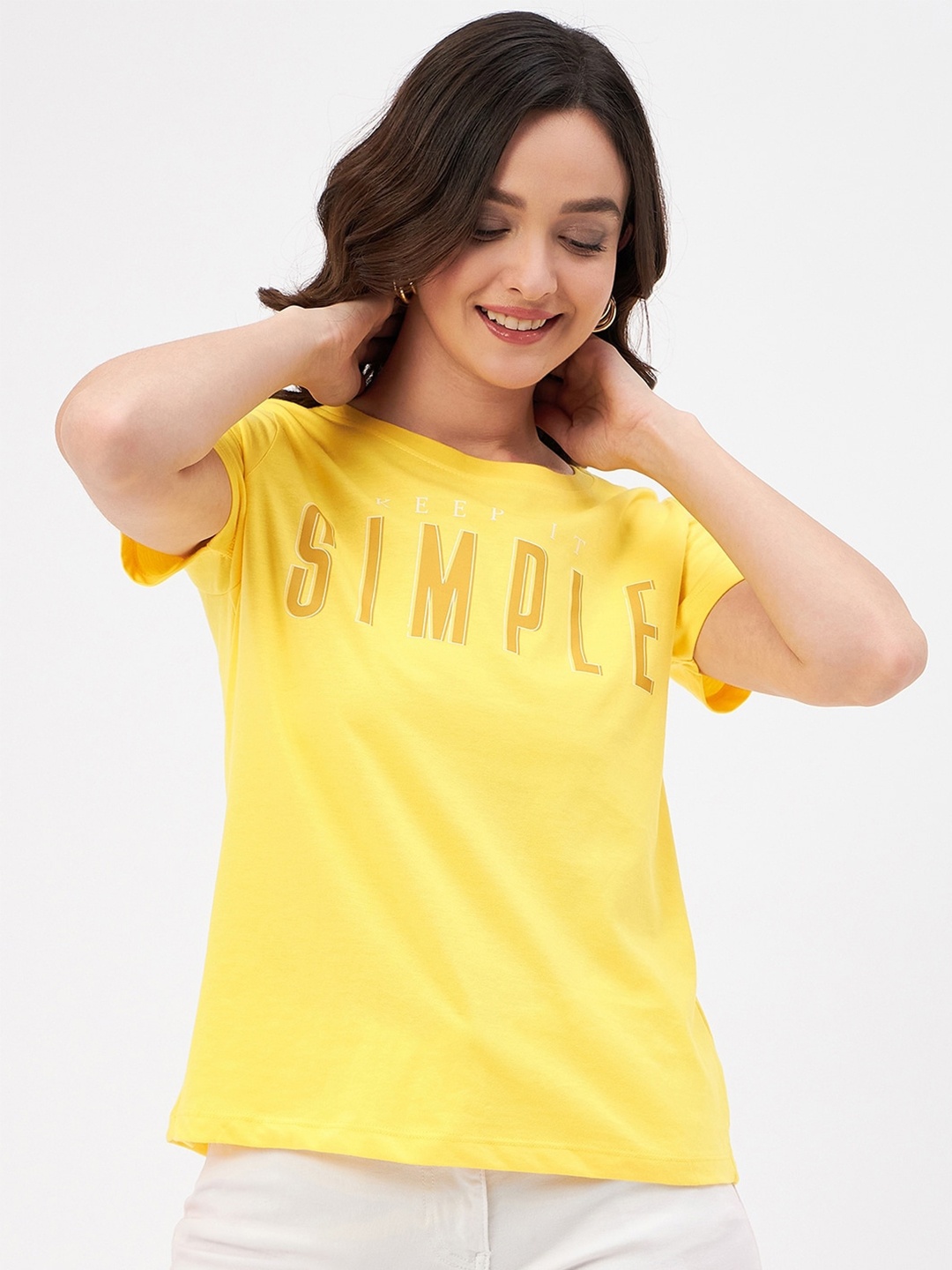 

Mast & Harbour Yellow Typography Printed Pure Cotton T-shirt