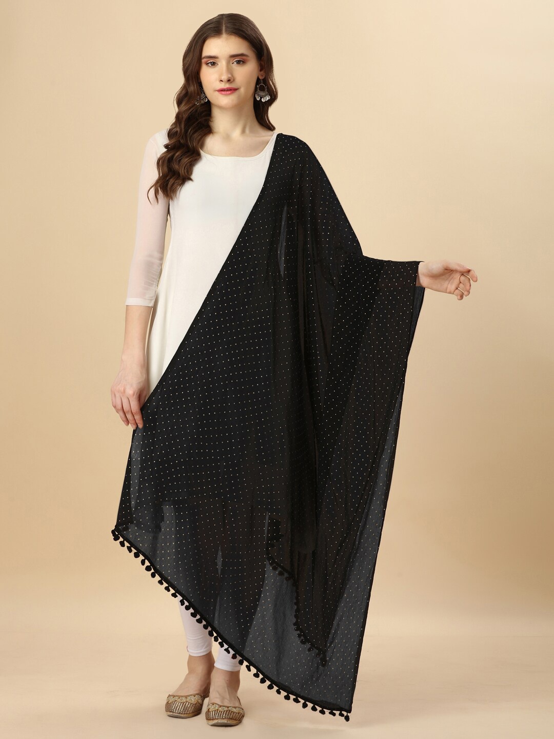 

Mitera Printed Polka Dots Chiffon Dupatta, Black