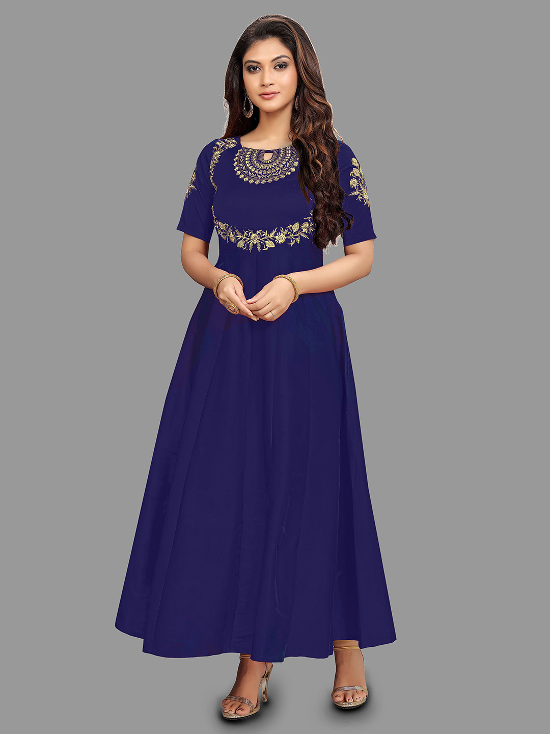 

Sarvayog Fashion Floral Embroidered Keyhole Neck Liva Ethnic Dress, Blue