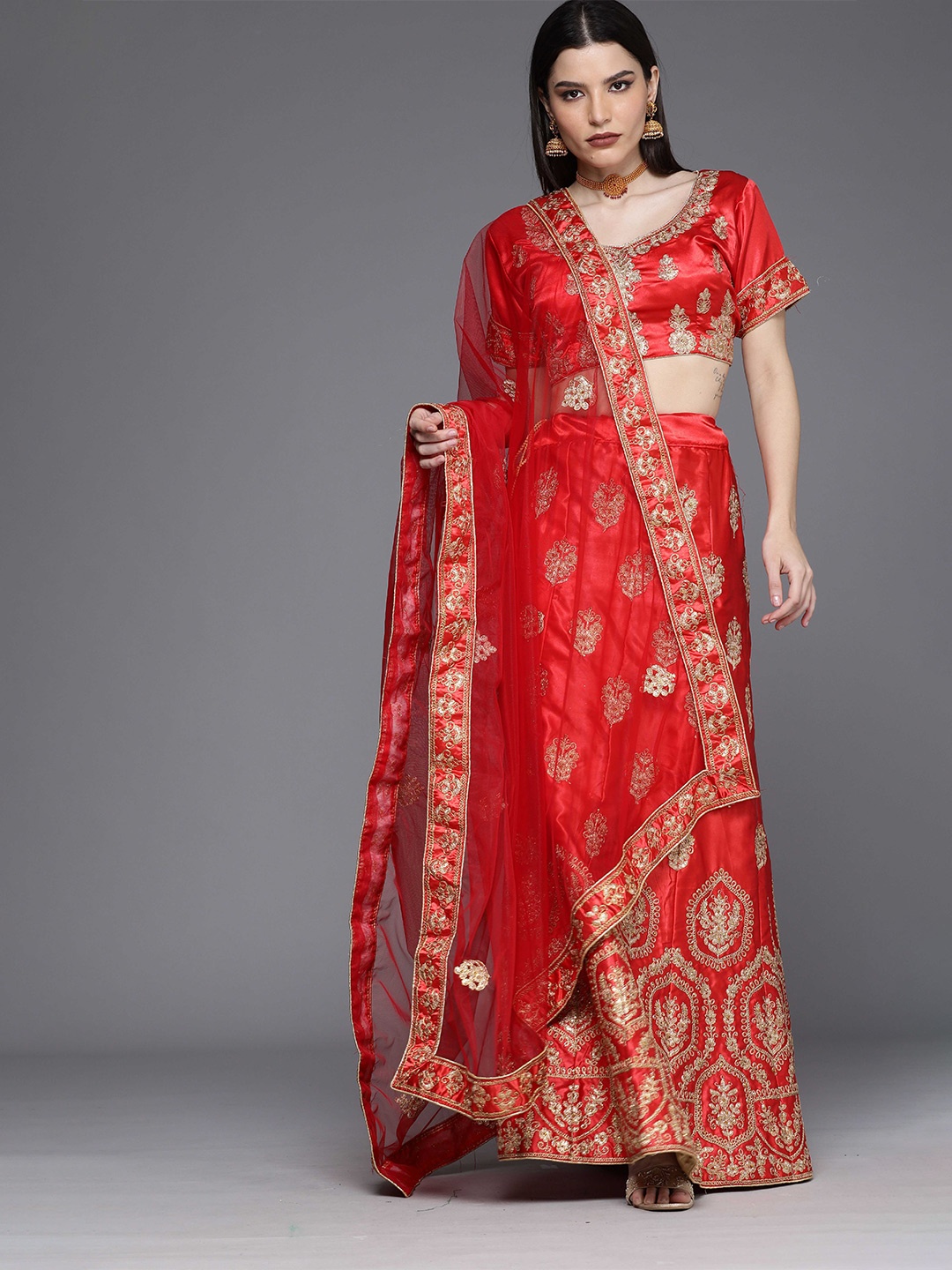 

Sangria Red Semi-Sittched Embroidered Lehenga Choli