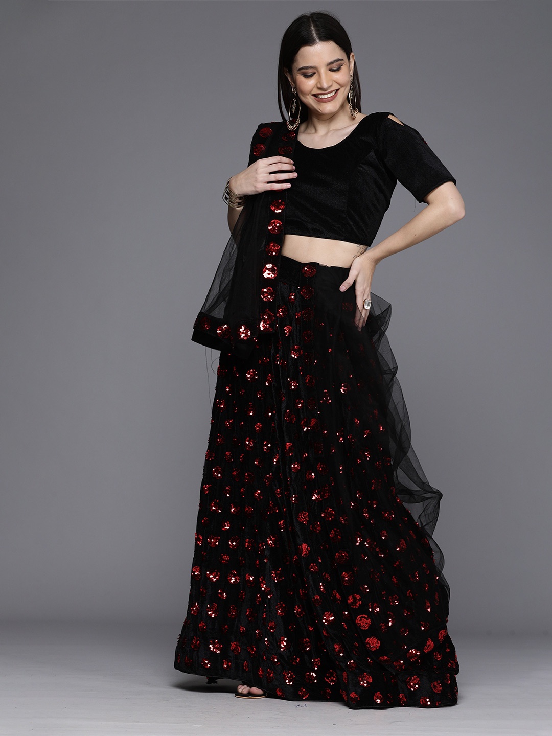 

Sangria Sequinned Embellished Velvet Lehenga Choli, Black
