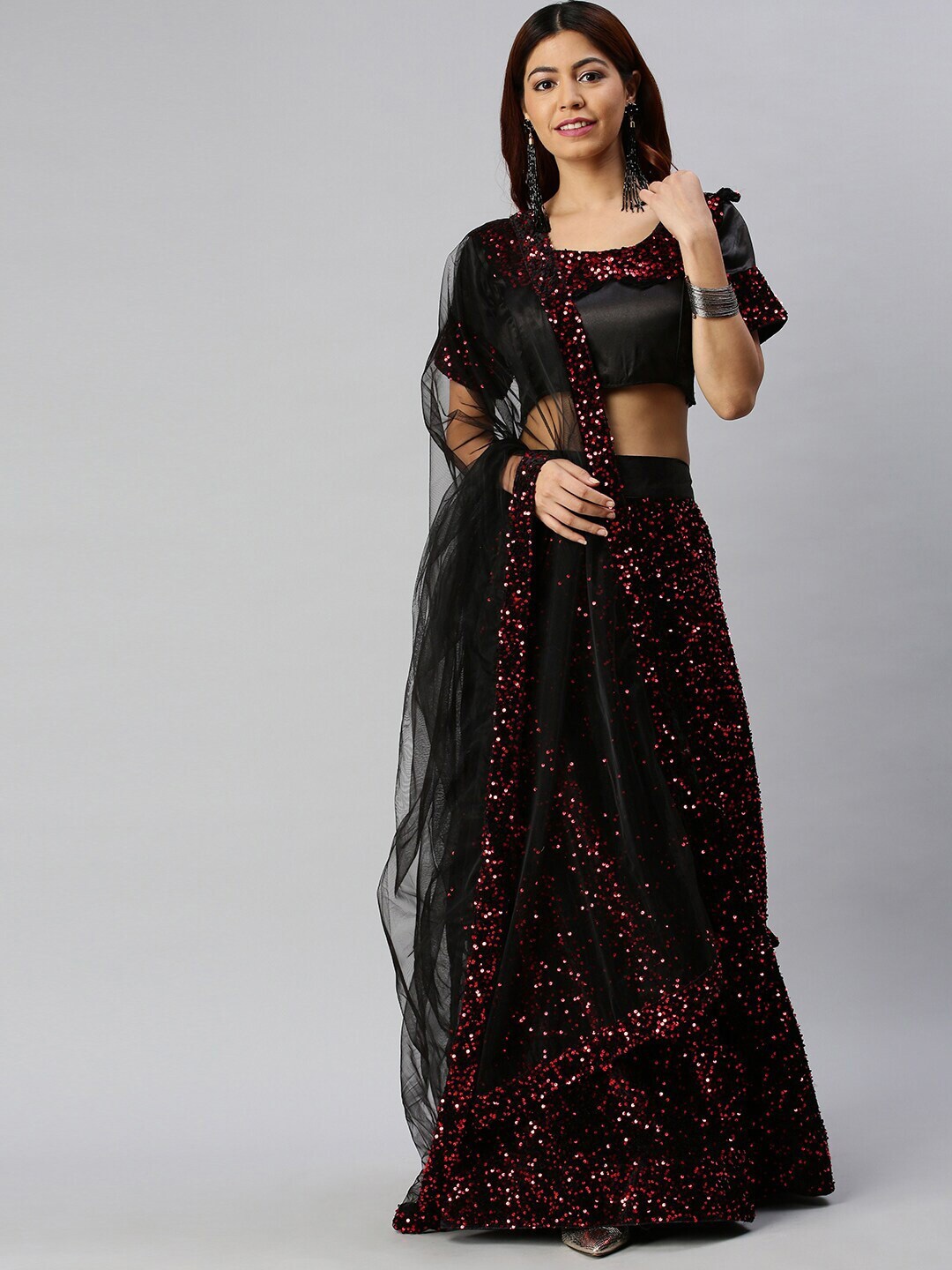 

Sangria Black & Red Colour Embellished Sequined Semi Stitched Lehenga Choli