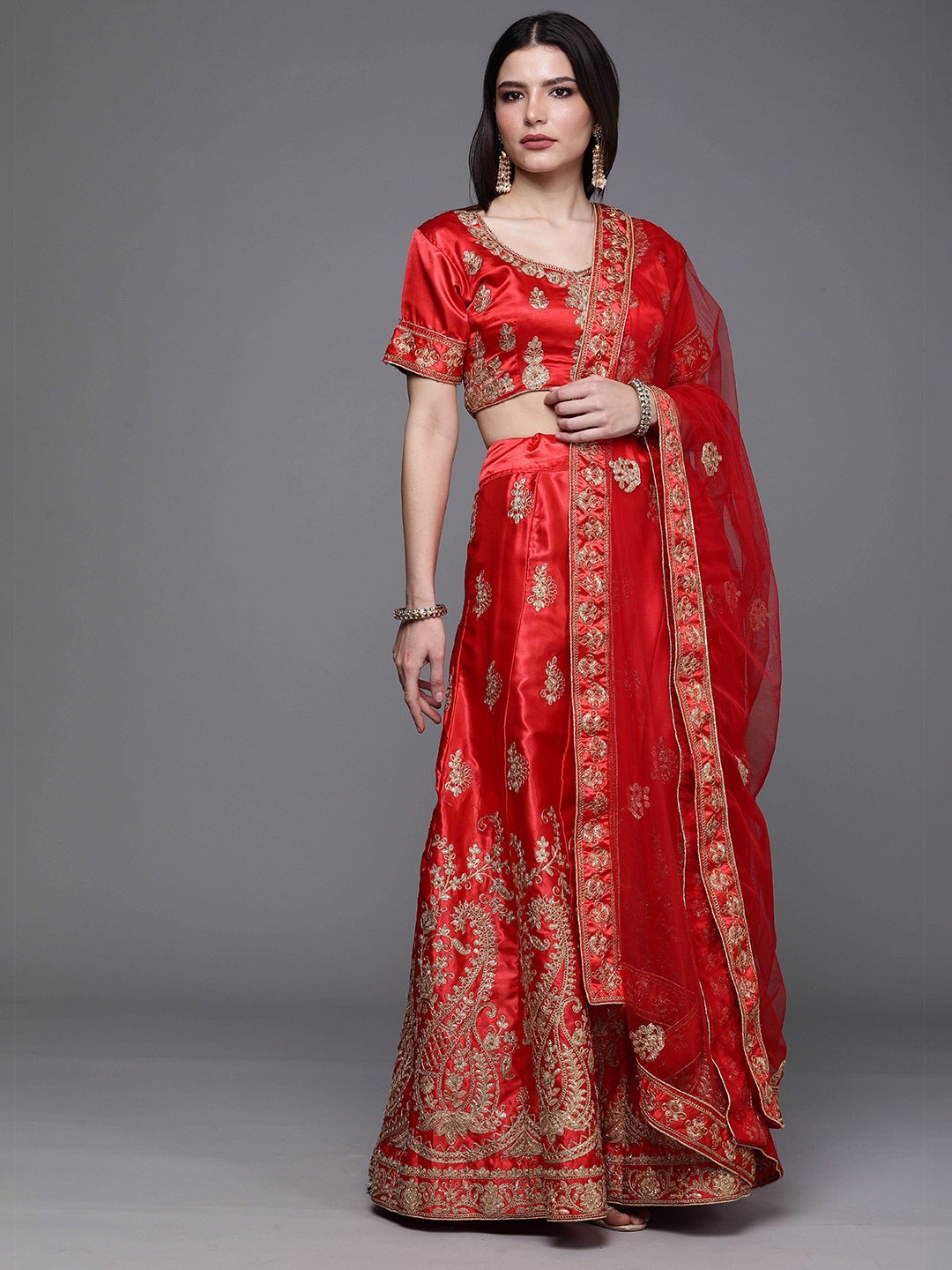 

Sangria Ethnic Motifs Embroidered Satin Lehenga With Choli & Dupatta, Red