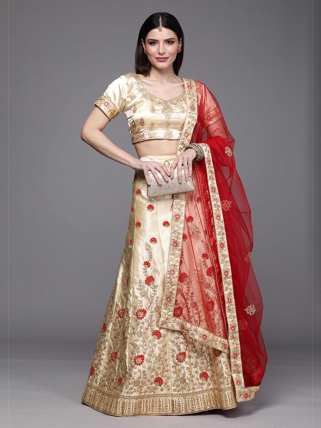 

Sangria Cream & Red Embroidered Lehenga & Blouse With Dupatta