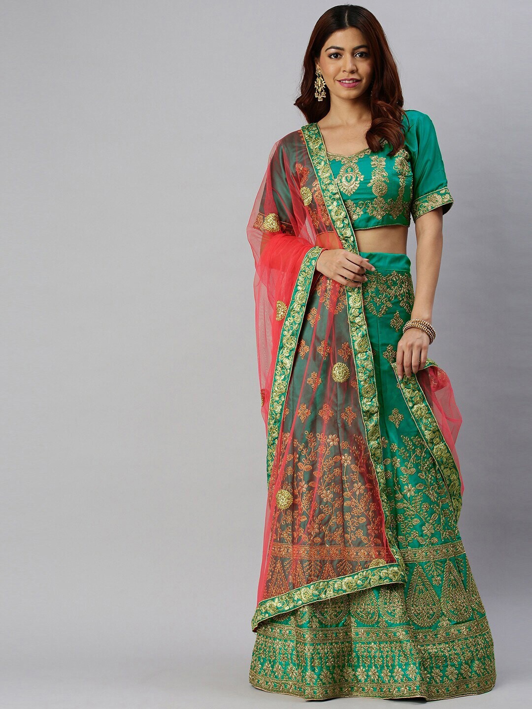 

Sangria Embroidered Satin Silk Lehenga & Choli With Dupatta, Green