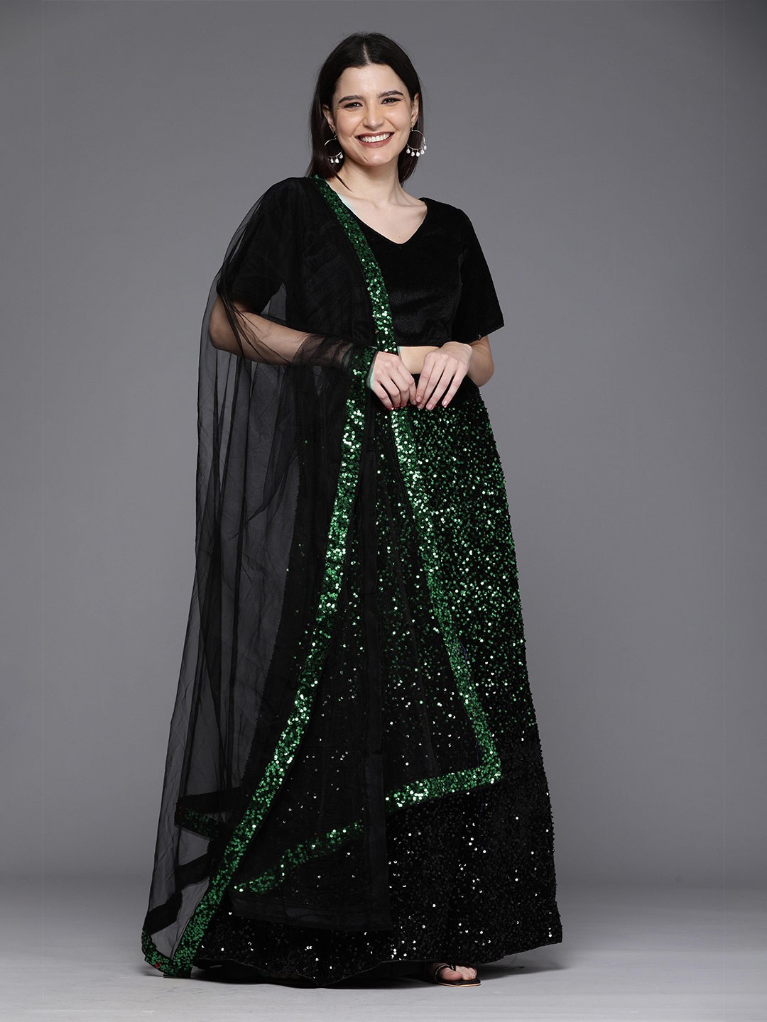 

Sangria Black Sequinned Embellished Semi-Stitched Lehenga Choli, Green