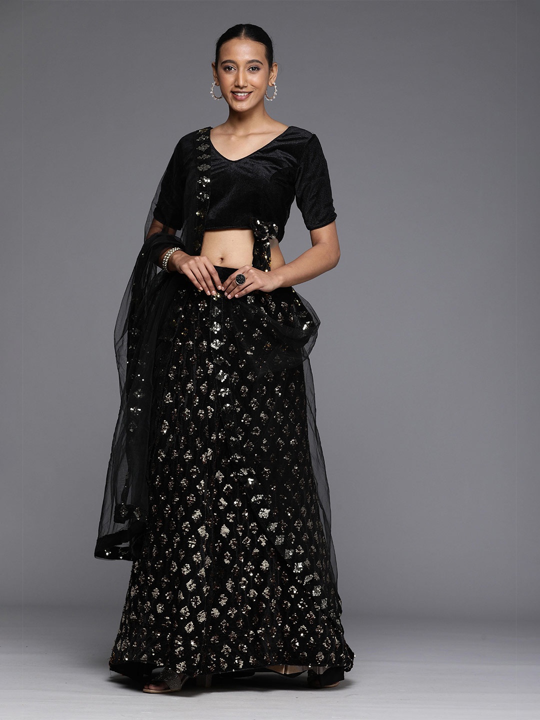 

Sangria Black Sequinned Embellished Semi-Stitched Lehenga Choli, Silver