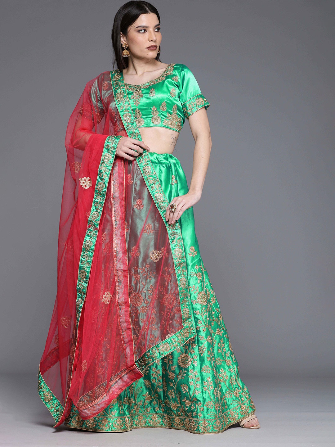 

Sangria Green Embroidered Semi-Stitched Lehenga Choli