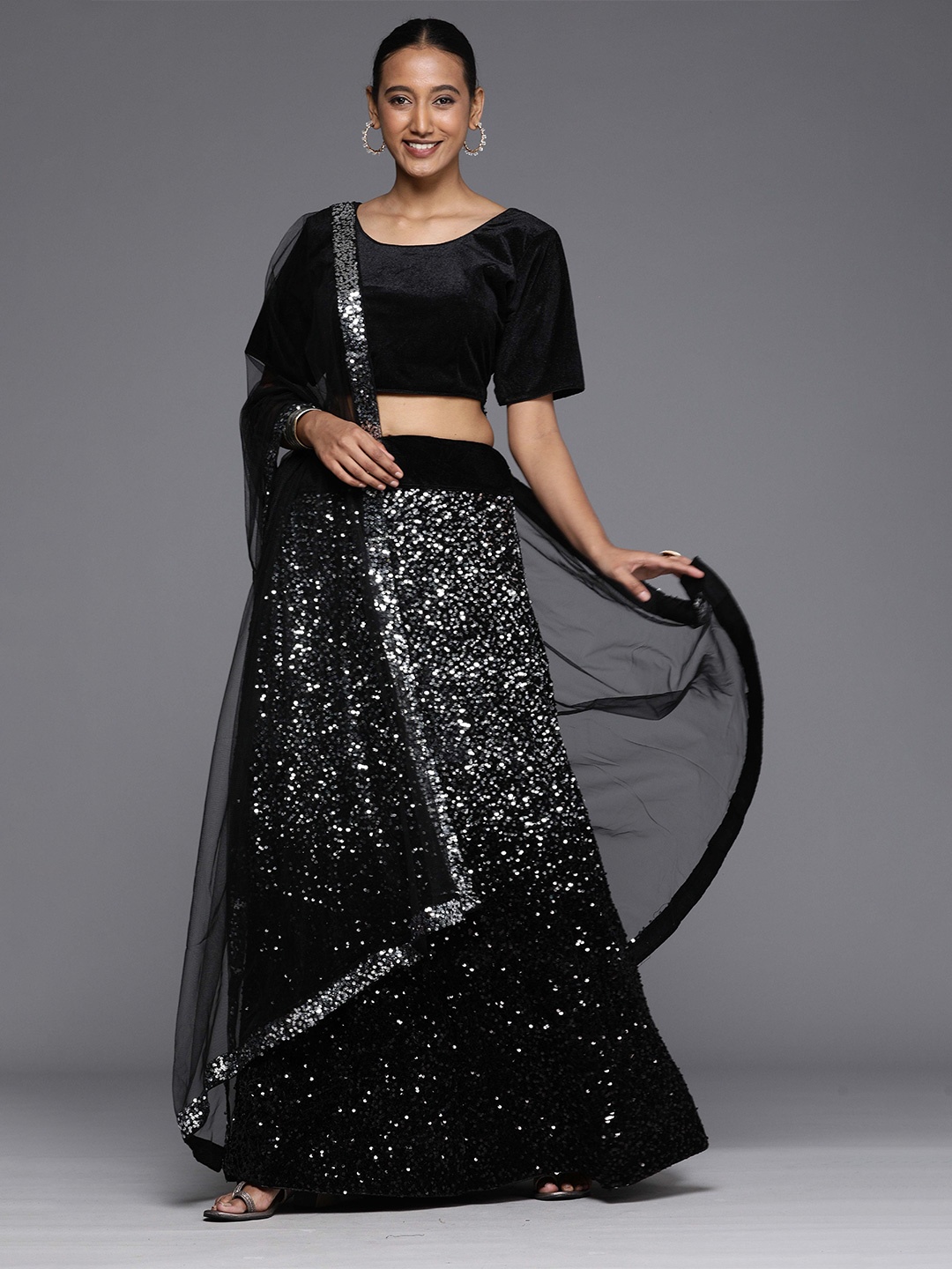 

Sangria Black Embroidered Semi-Stitched Lehenga Choli, Silver