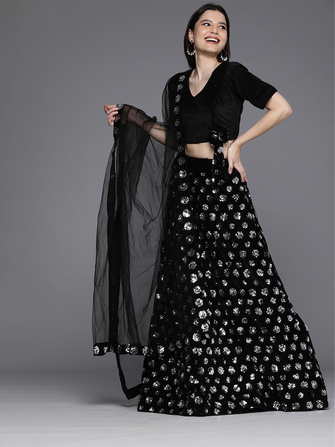 

Sangria Black Embellished Velvet Semistitched Lehenga Choli With Dupatta, Silver
