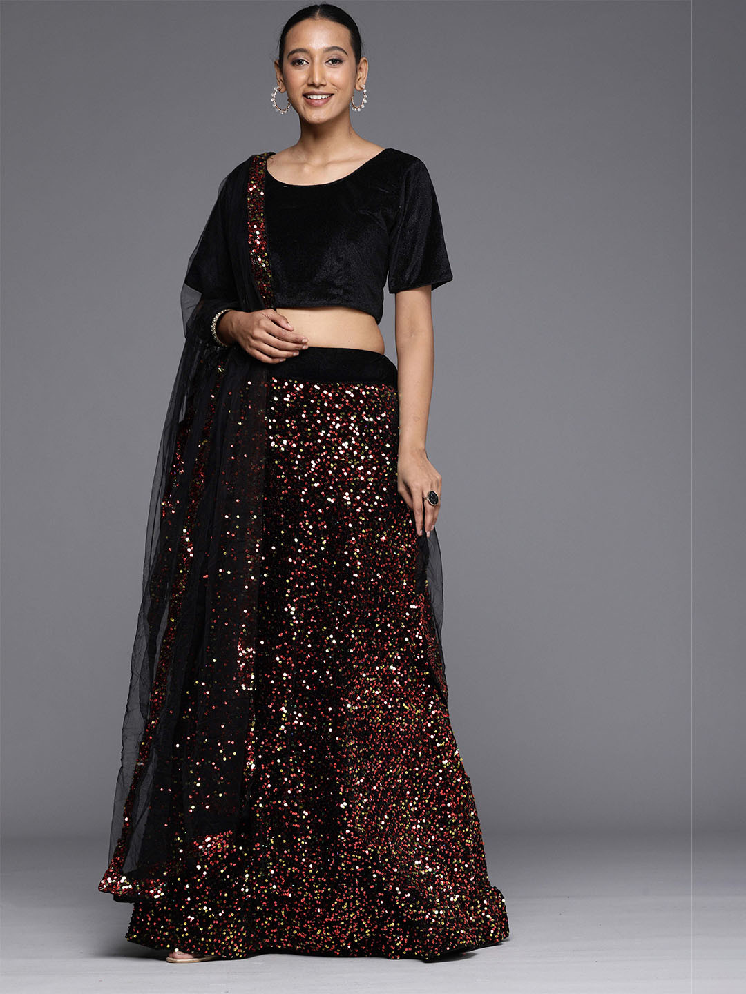 

Sangria Embellished Sequinned Velvet Semi-Stitched Lehenga Choli With Dupatta, Black