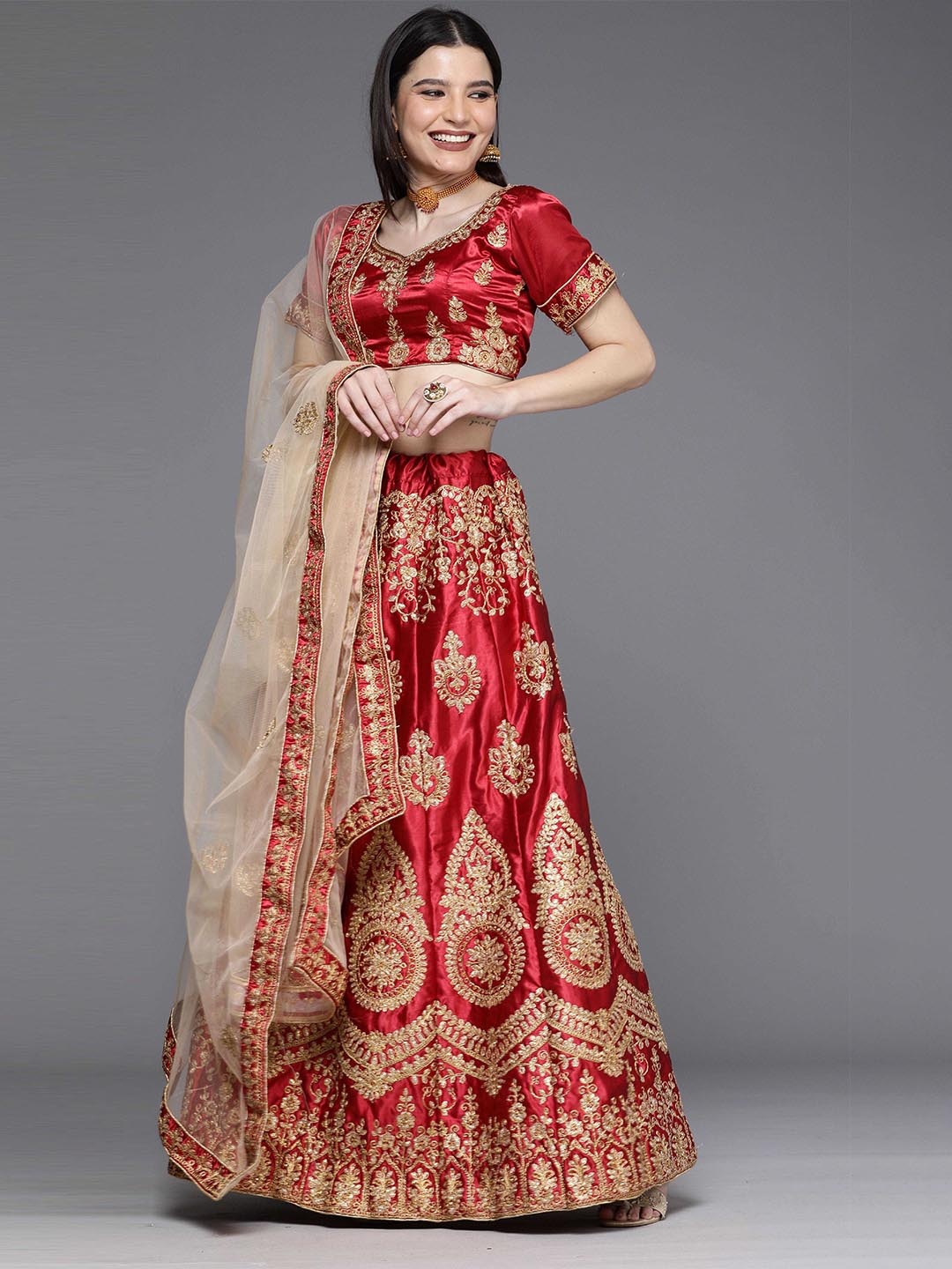 

Sangria Maroon Ethnic Embroidered Semi-Stitched Lehenga Choli