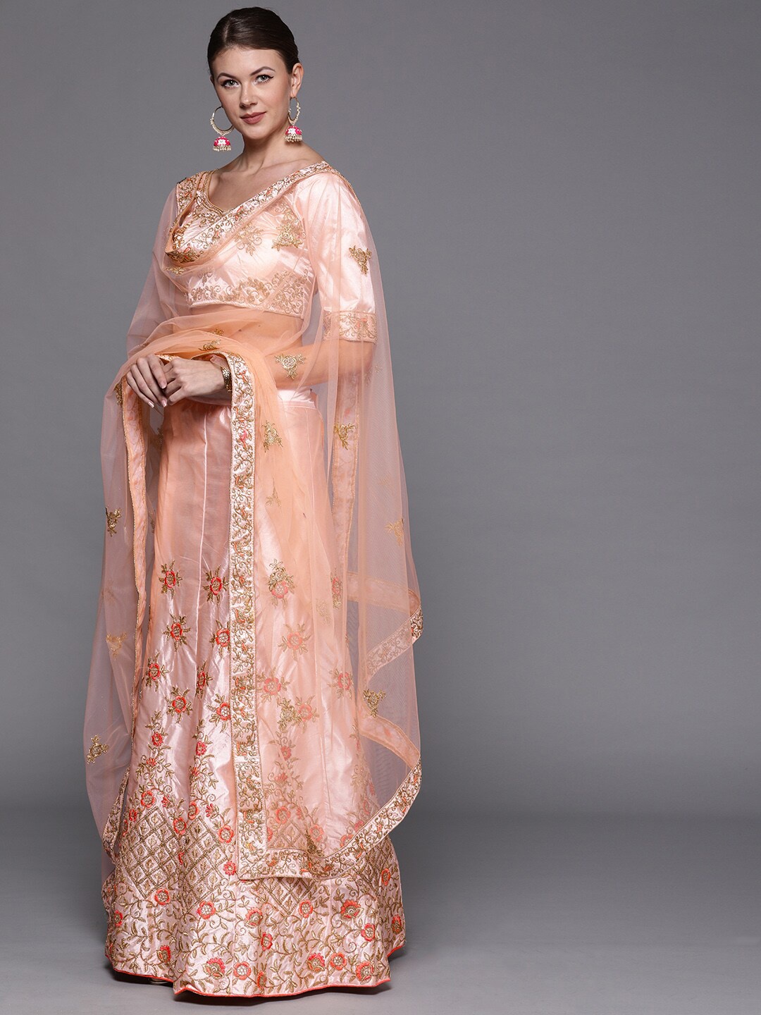 

Sangria Pink & Gold-Colored Floral Embroidered Semi-Stitched Lehenga Choli