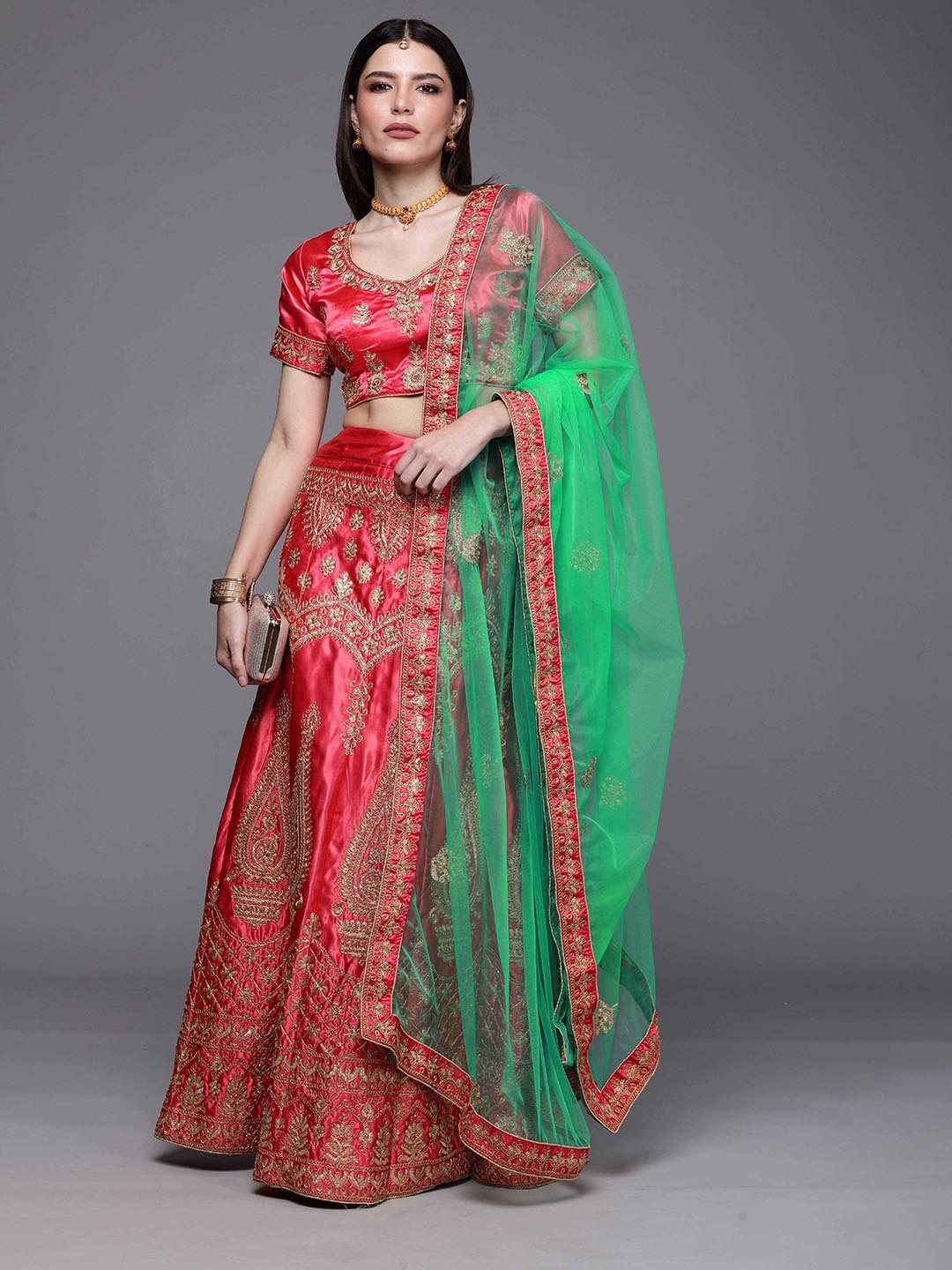 

Sangria Embroidered Satin Silk Semi-Stitched Lehenga Choli, Pink