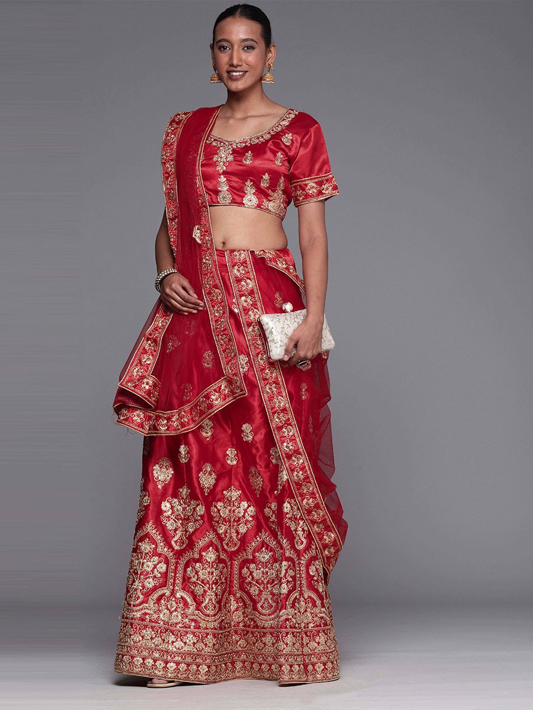 

Sangria Red Embroidered Semi-Stitched Lehenga And Unstitched Blouse With Dupatta