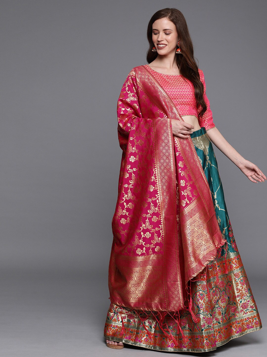 

Sangria Green Woven Design Semi-Stitched Lehenga Choli