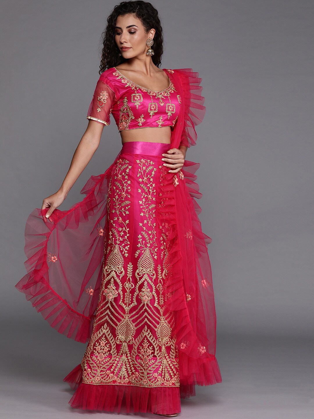 

Sangria Ethnic Motifs Embroidered Net Semi-Stitched Lehenga Choli With Dupatta, Pink