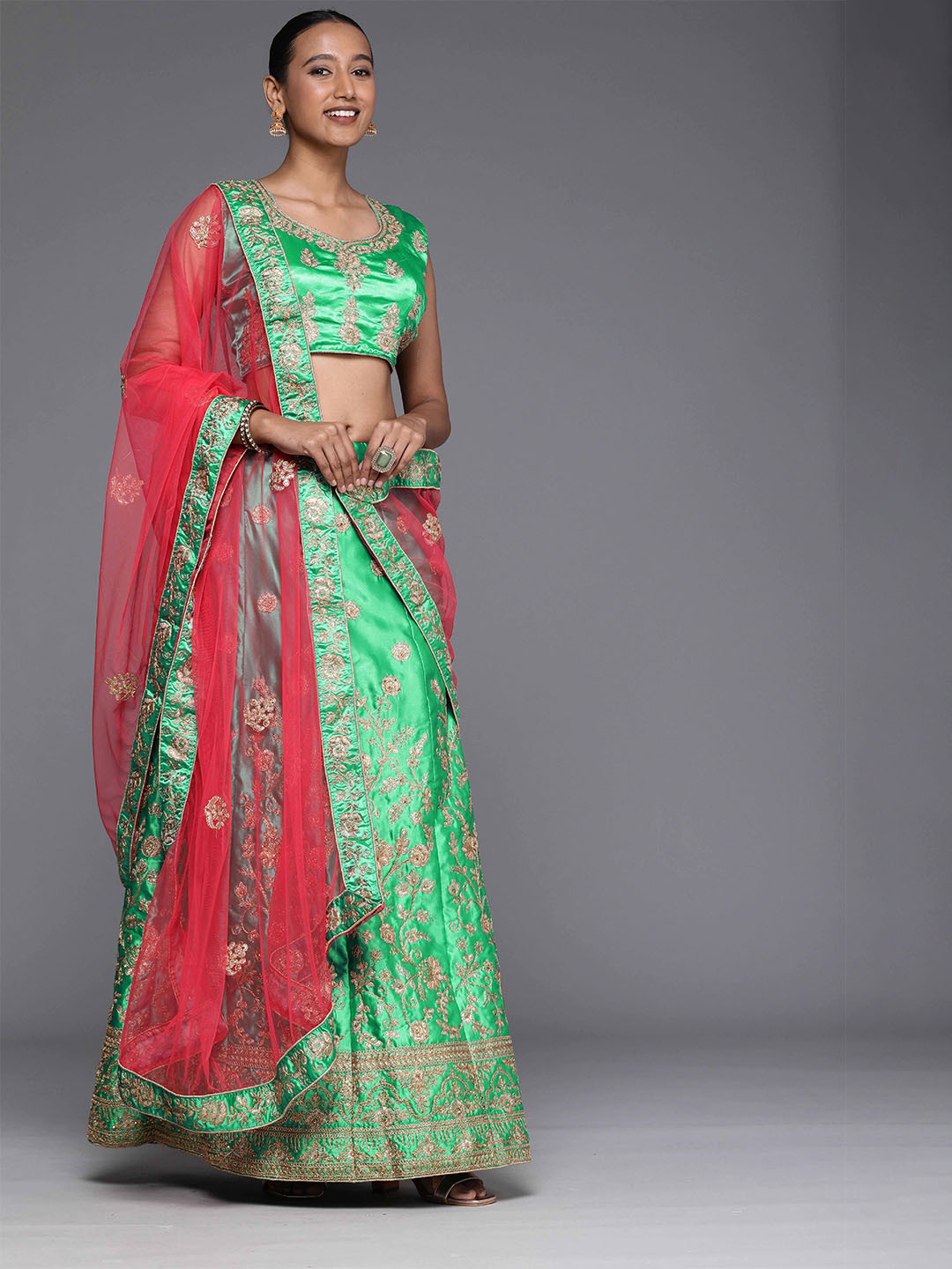 

Sangria Green & Gold-Toned Embroidered Lehenga Choli