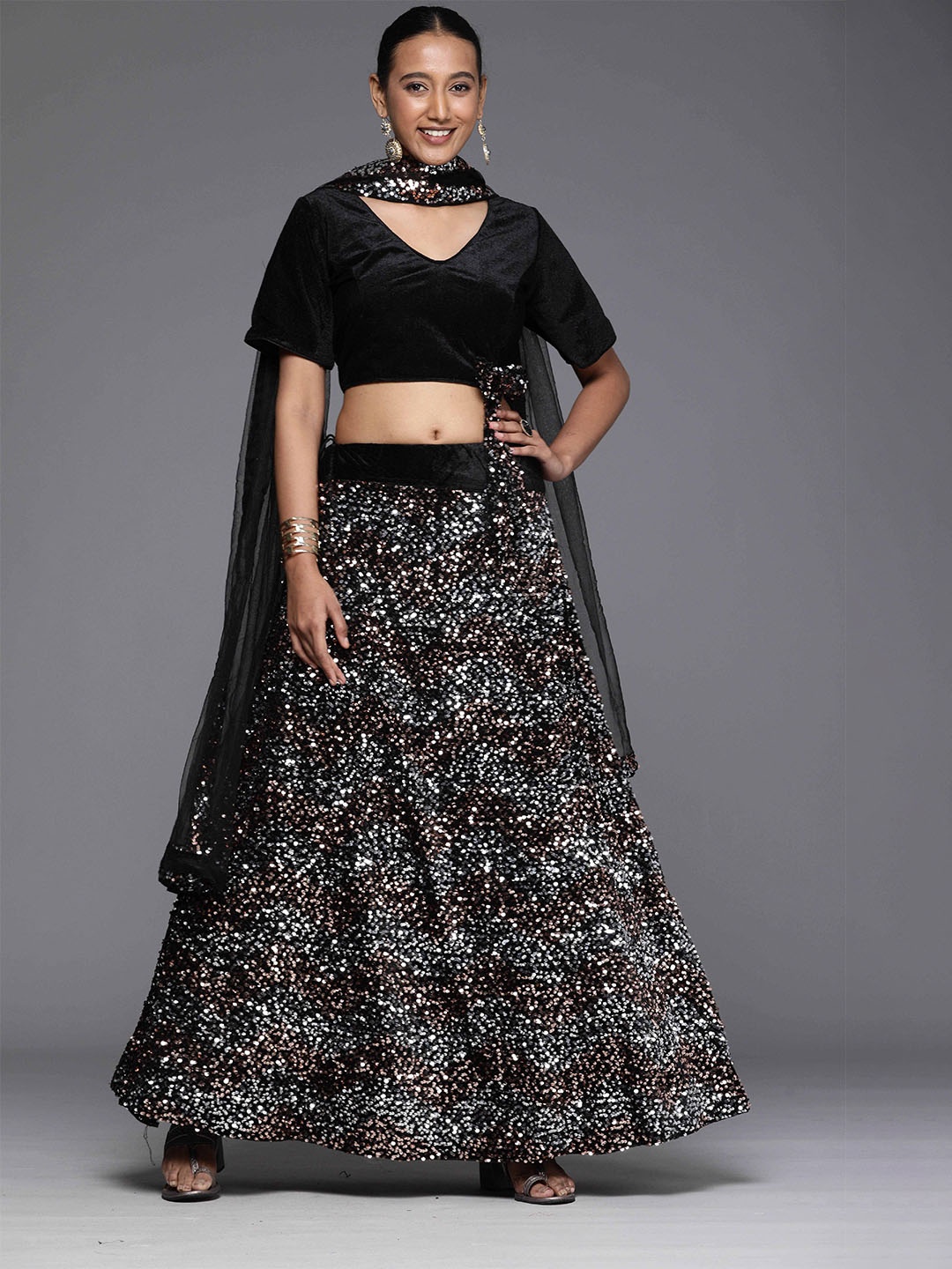 

Sangria Black Embellished Velvet Semi-Stitched Lehenga Choli