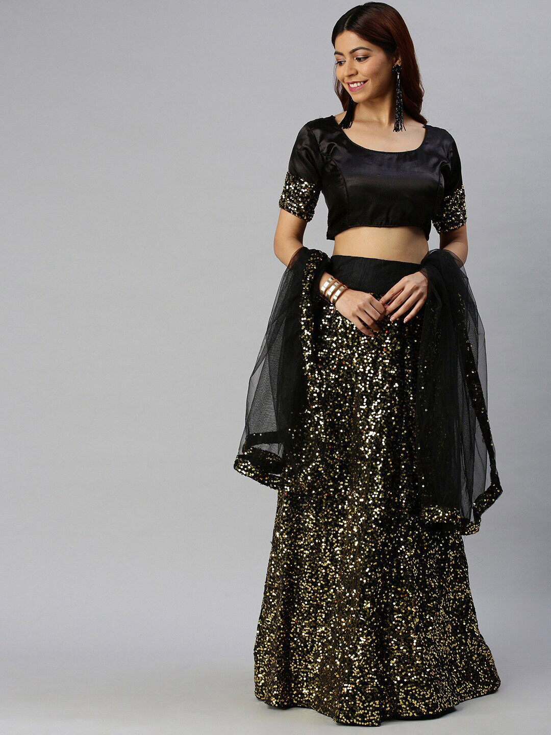 

Sangria Black Embellished Sequinned Lehenga Choli, Gold