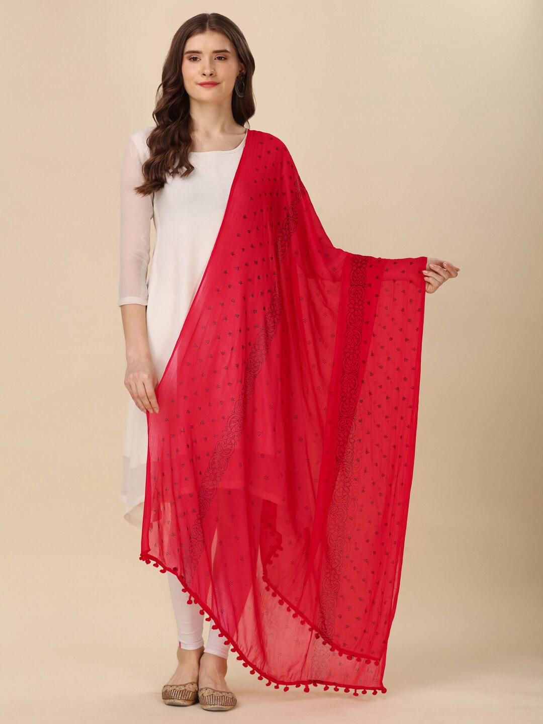 

ORUS Floral Printed Chiffon Dupatta, Red