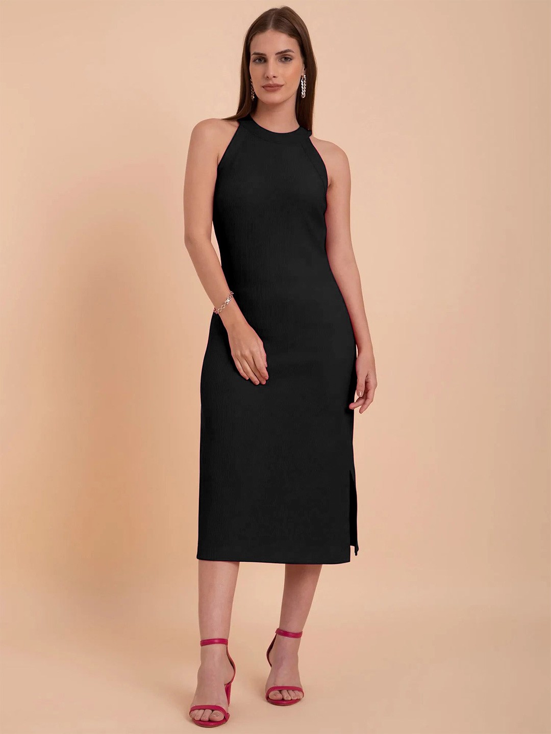 

Femvy Halter Neck Sheath Midi Dress, Black