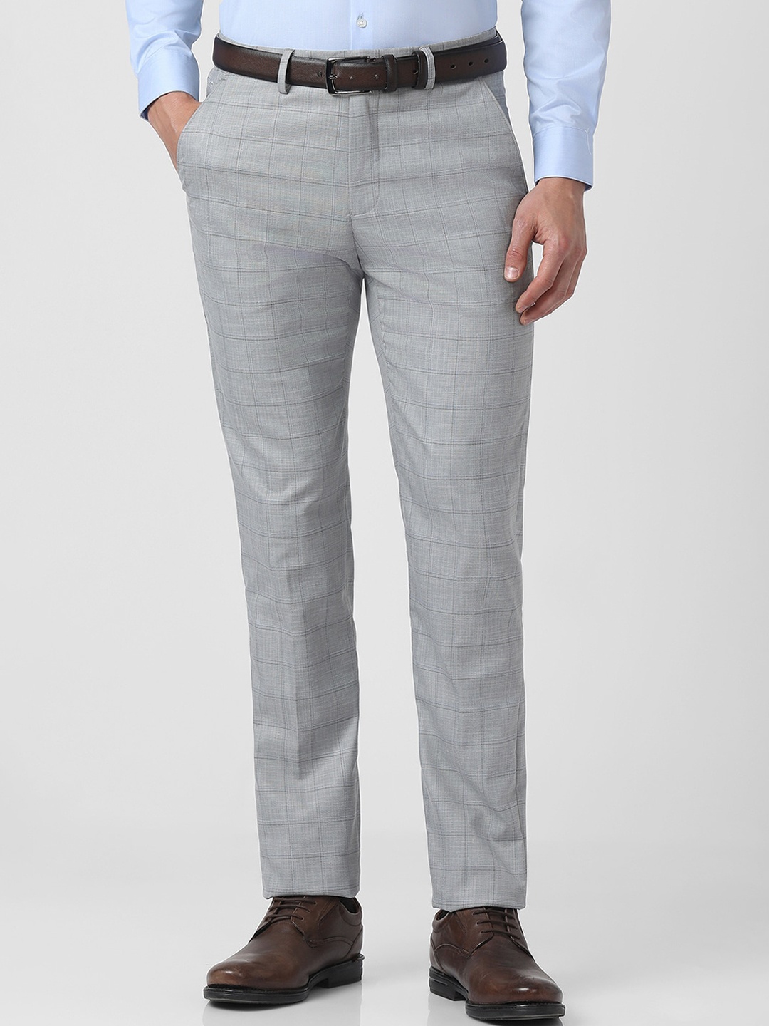 

Peter England Men Checked Slim Fit Formal Trousers, Grey