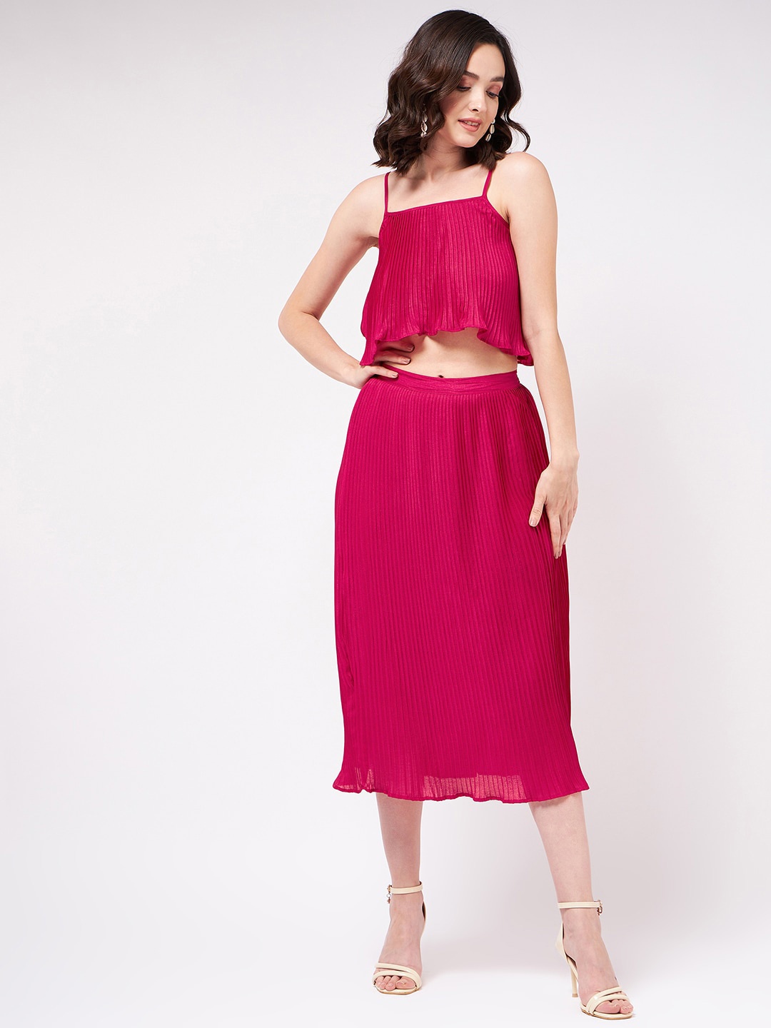 

Zima Leto Accordian Pleated Crop Top With Skirt Set, Magenta
