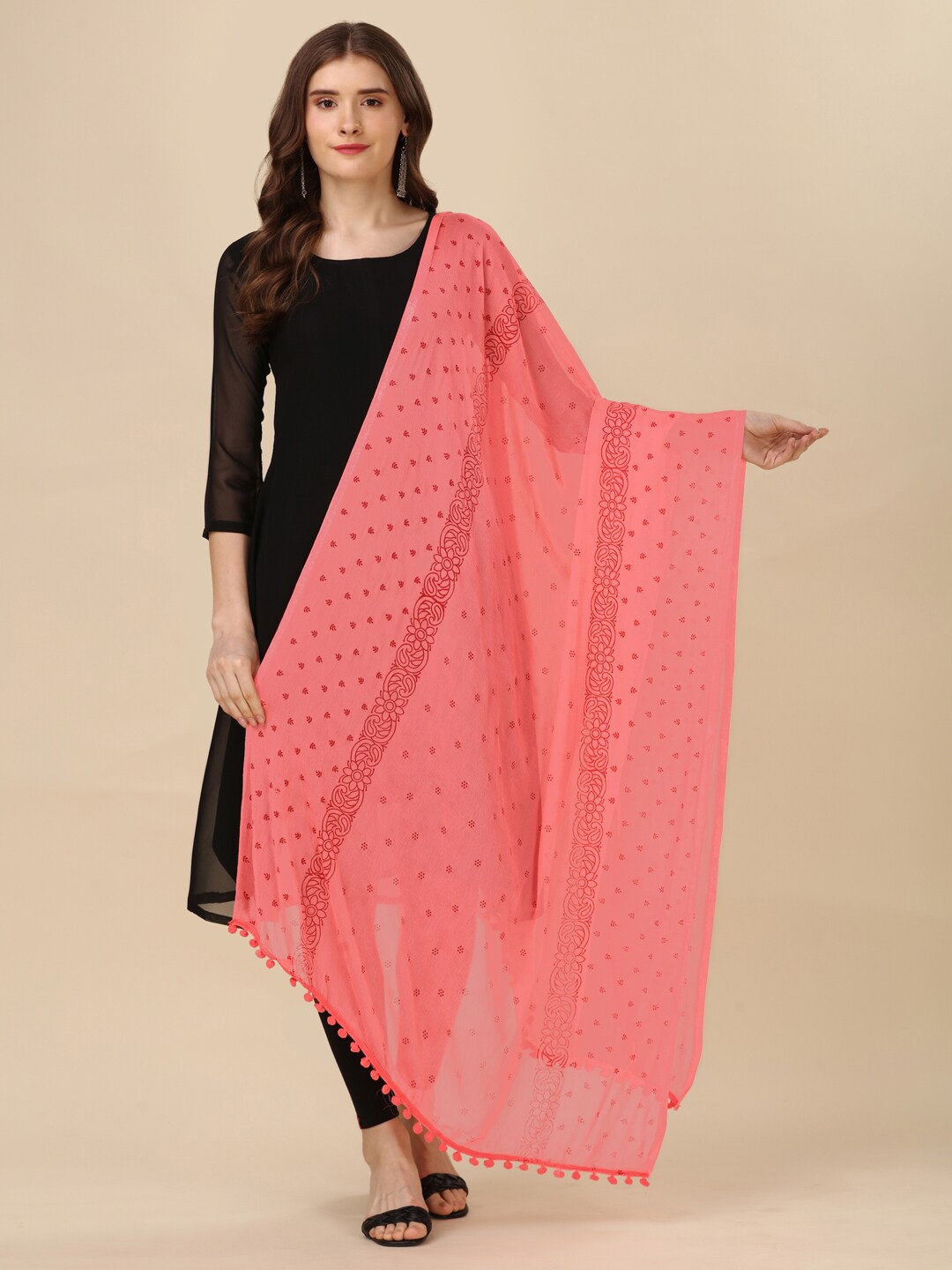 

Mitera Peach-Coloured Ethnic Motifs Printed Tasseled Chiffon Dupatta