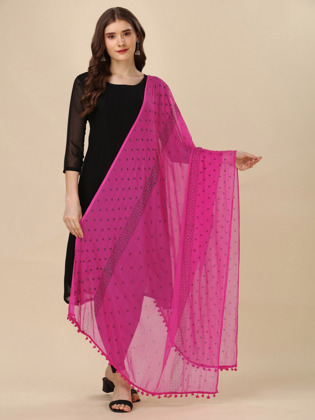 

Mitera Pink & Black Ethnic Motifs Printed Tasseled Chiffon Dupatta