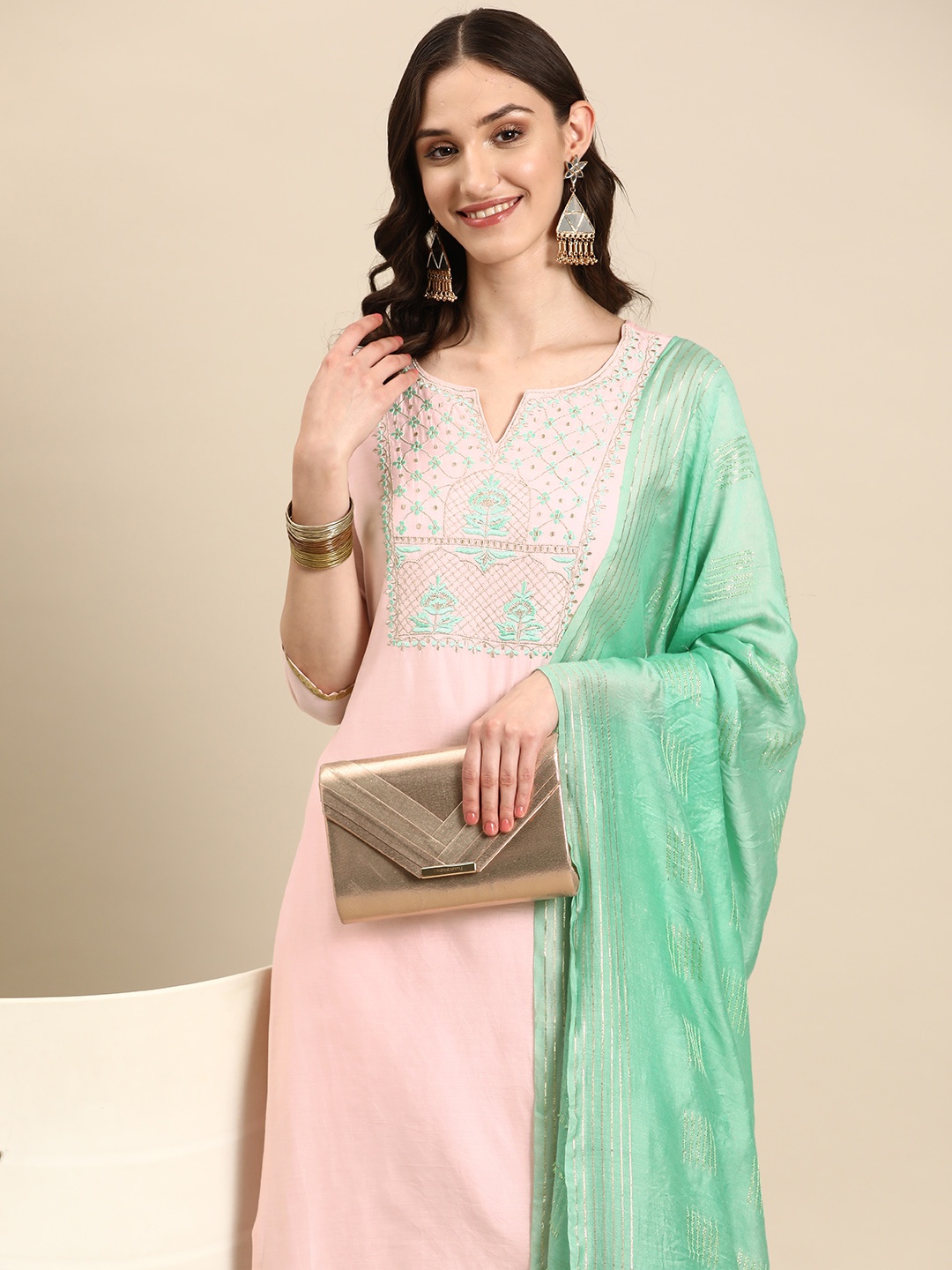 

Sangria Floral Embroidered Thread Work Chanderi Cotton Kurta with Palazzos & Dupatta, Pink
