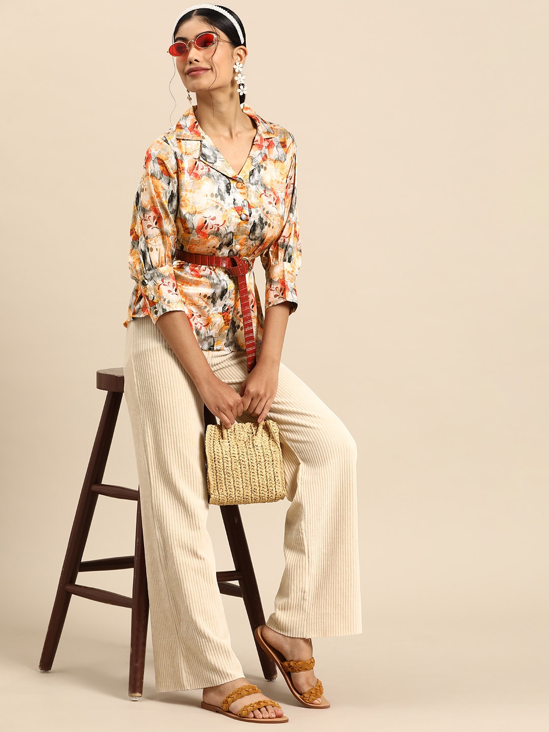 

Sangria Floral Print Satin Shirt Style Top, Beige