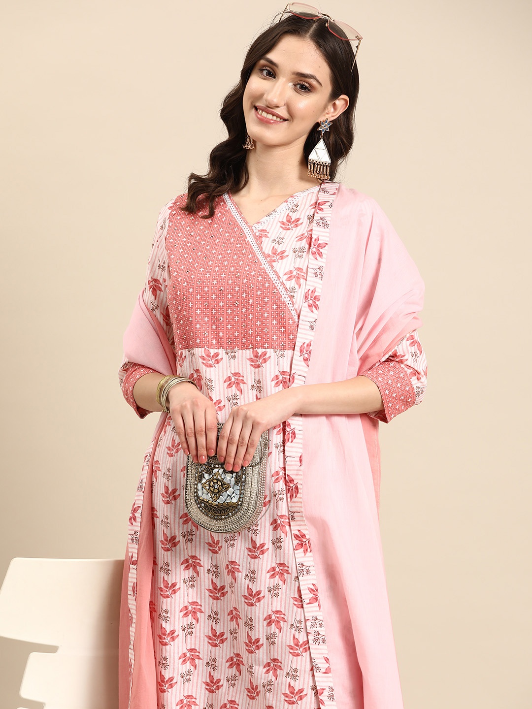 

Sangria Floral Printed Empire Kurta with Trousers & Dupatta, White