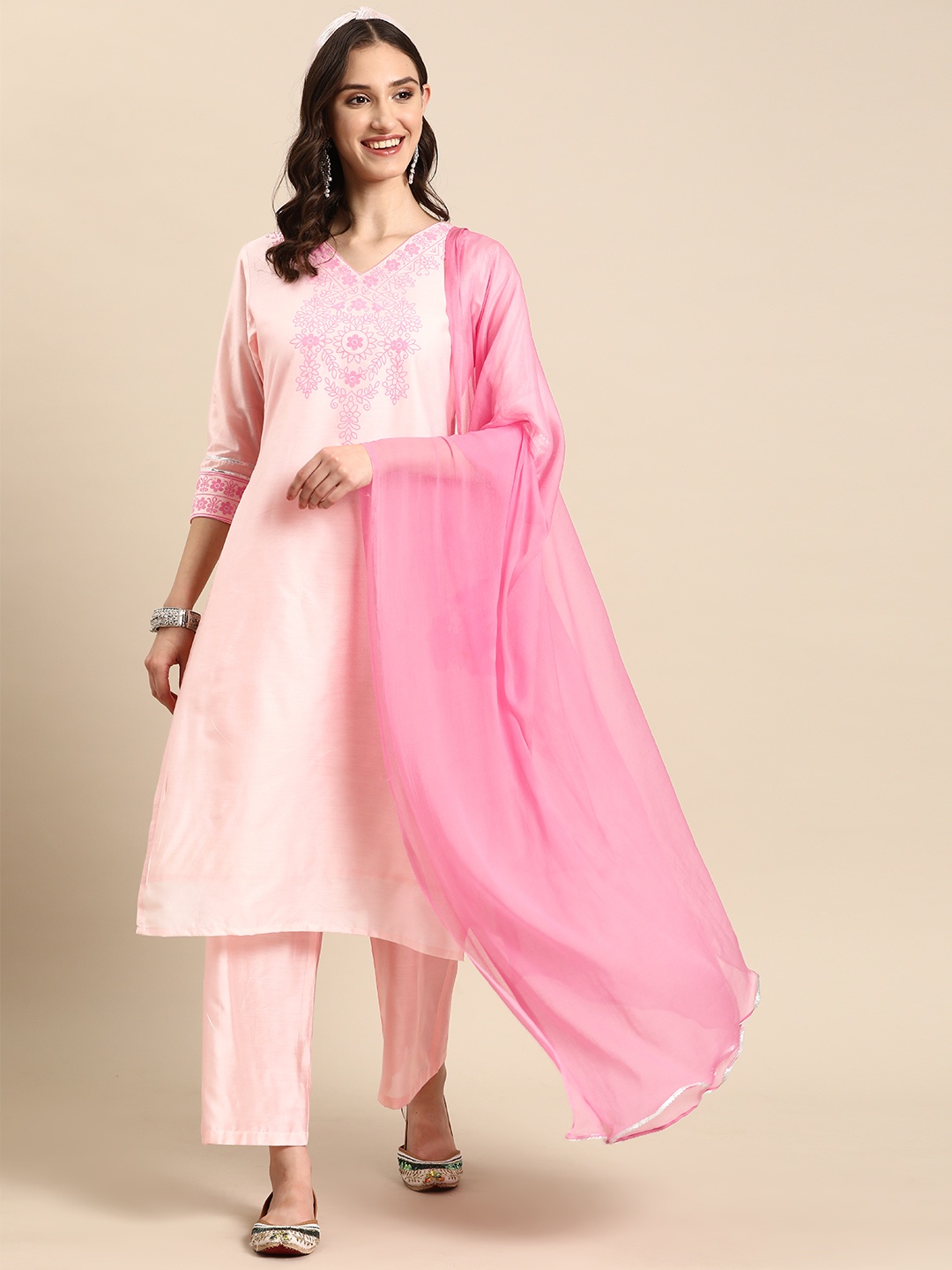 

Sangria Floral Printed Regular Chanderi Cotton Kurta With Palazzos & Dupatta, Pink