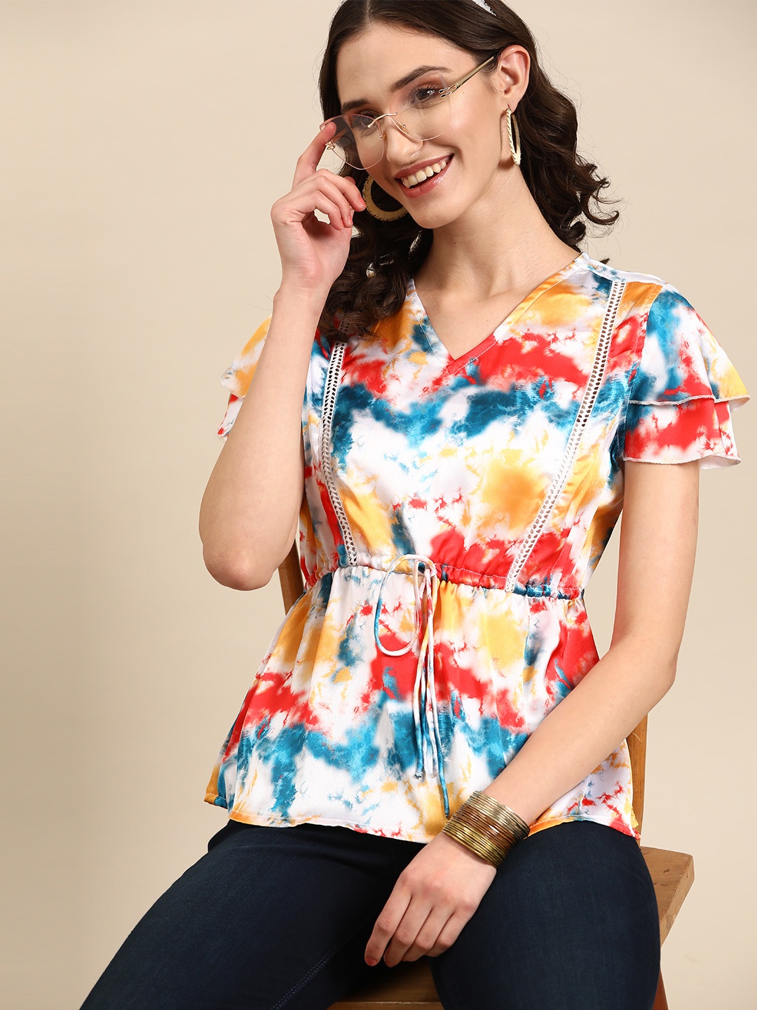 

Sangria Tie & Dye Flared Sleeves Satin Peplum Top with Tie-Ups Detail, Yellow