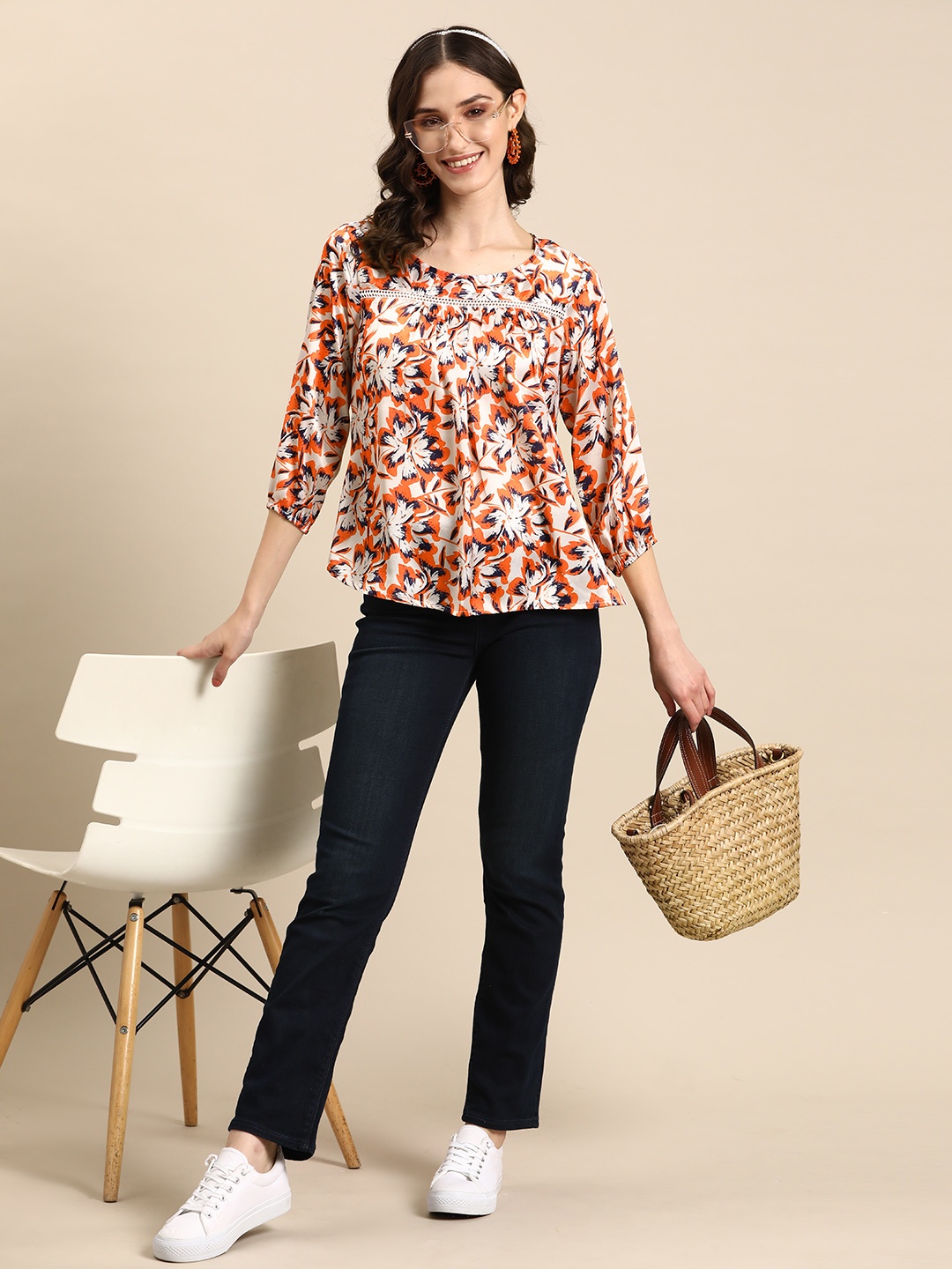 

Sangria Floral Print Puff Sleeves Satin Top, Orange