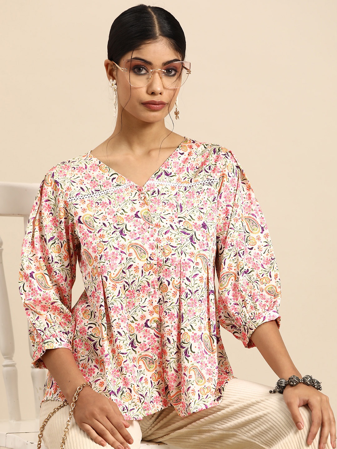 

Sangria Floral Print Puff Sleeve Top, Pink