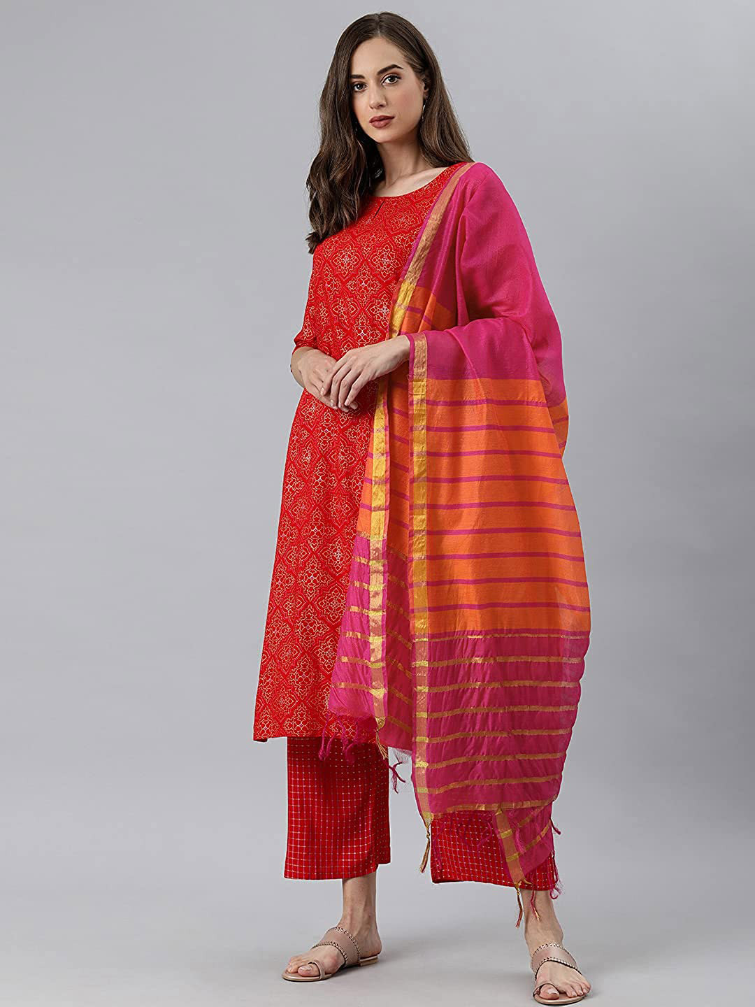 

ORUS Woven Design Cotton Silk Dupatta, Pink