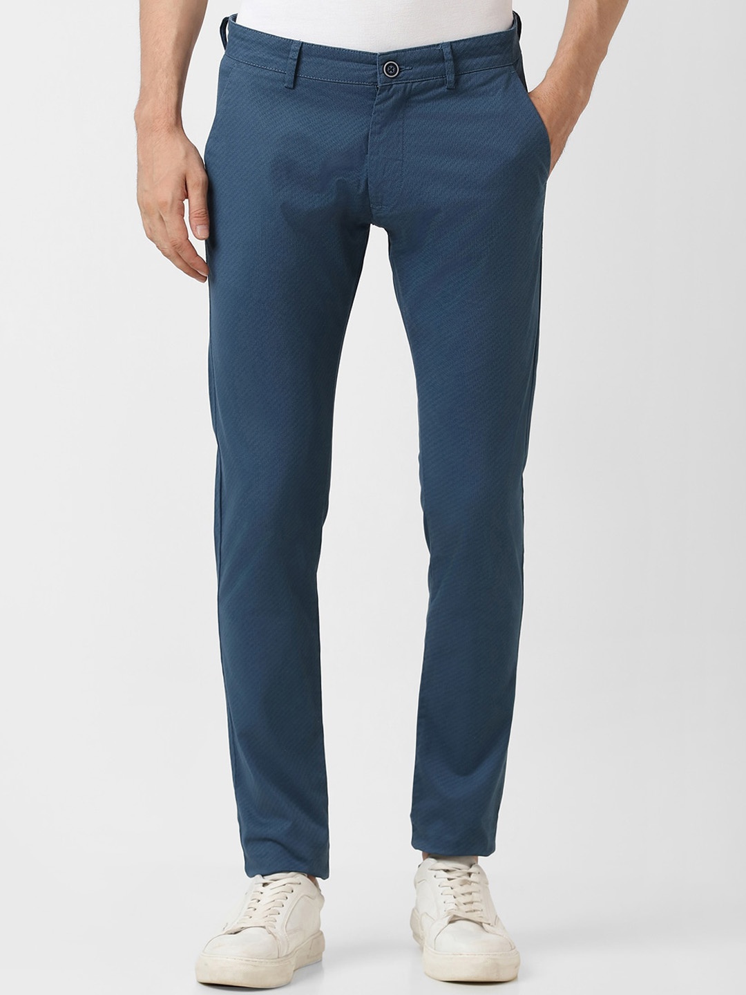 

Peter England Casuals Men Skinny Fit Mid-Rise Trousers, Blue