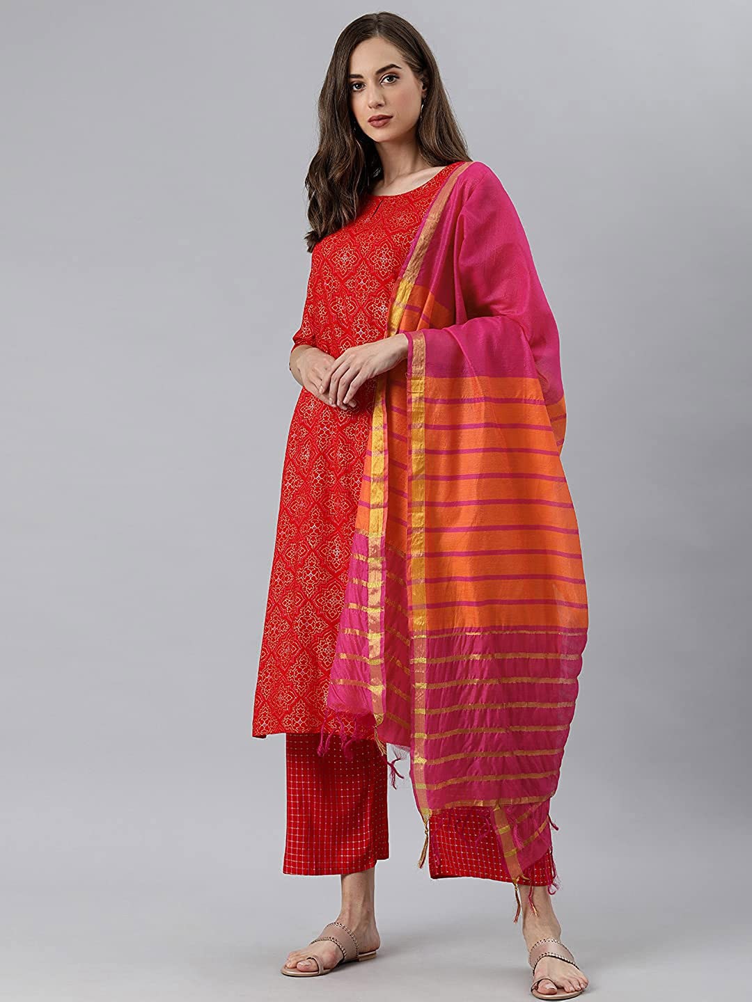 

Mitera Pink & Orange Striped Cotton Silk Dupatta
