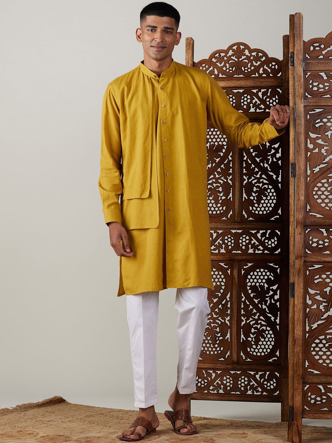 

VASTRAMAY Layered Band Collar Pure Cotton Kurta with Pyjamas, Mustard