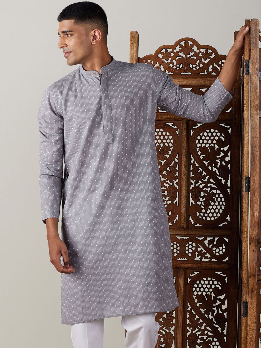 VASTRAMAY Geometric Embroidered Jacquard Pure Cotton Sustainable Kurta, Grey