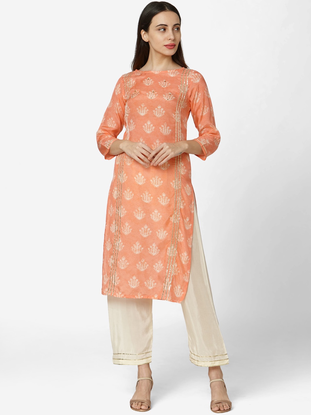 

Saanjh Orange Ethnic Motifs Printed Sequined Gotta Patti Kurta with Trousers